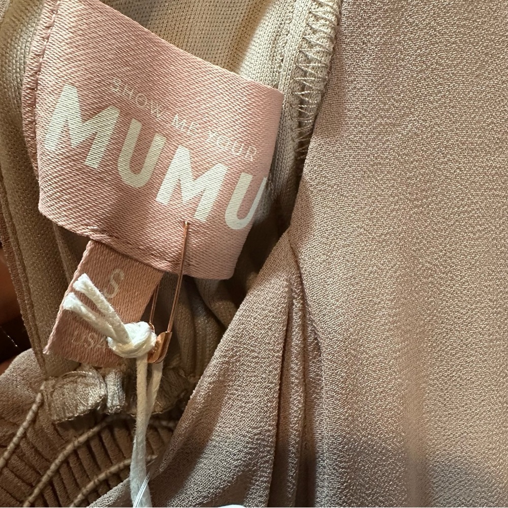 Show Me Your Mumu Nicole Maxi Dune Luxe Satin Dress Soft Beige Size Small NWT - Picture 8 of 15